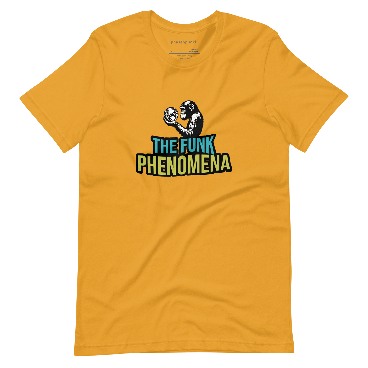 Yellow T-shirt featuring a stylized design of a monkey holding a globe, with the text ‘The Funk Phenomena’ in bold letters.