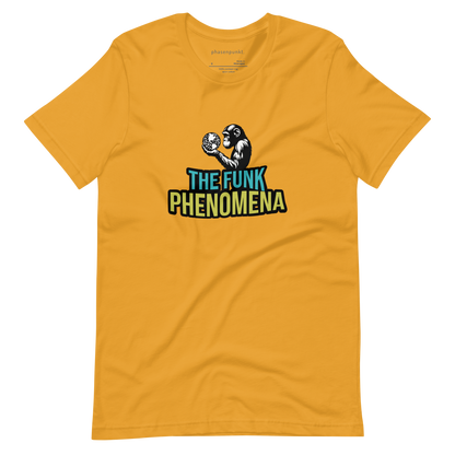 Yellow T-shirt featuring a stylized design of a monkey holding a globe, with the text ‘The Funk Phenomena’ in bold letters.