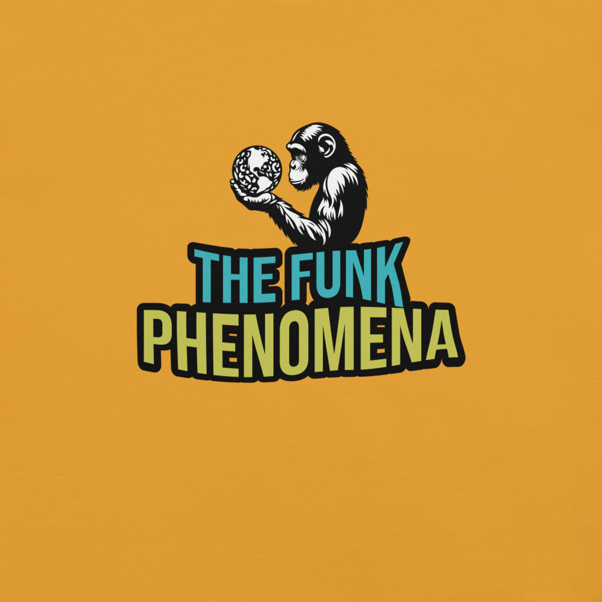 Close-up of a yellow T-shirt showing a stylized design of a monkey holding a globe, with the text ‘The Funk Phenomena’ in bold letters.