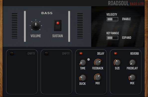 Screenshot of Roadsoul Bass Lite UI with delay and reverb.