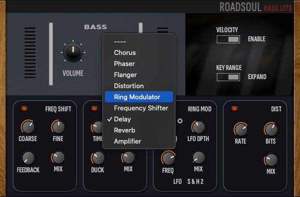 Screenshot of Roadsoul Bass Lite with effects popup menu visible