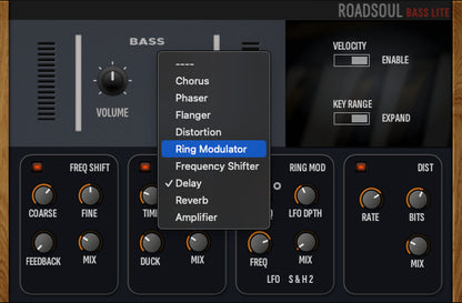 Screenshot of Roadsoul Bass Lite with effects popup menu visible