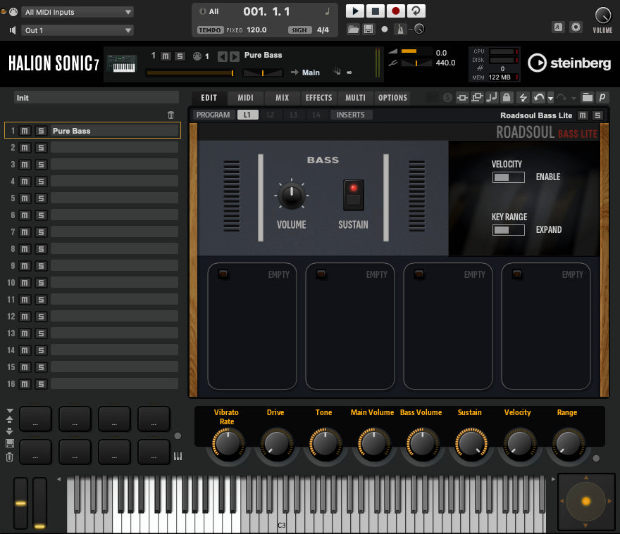 Screenshot of Roadsoul Bass Lite running HALion Sonic