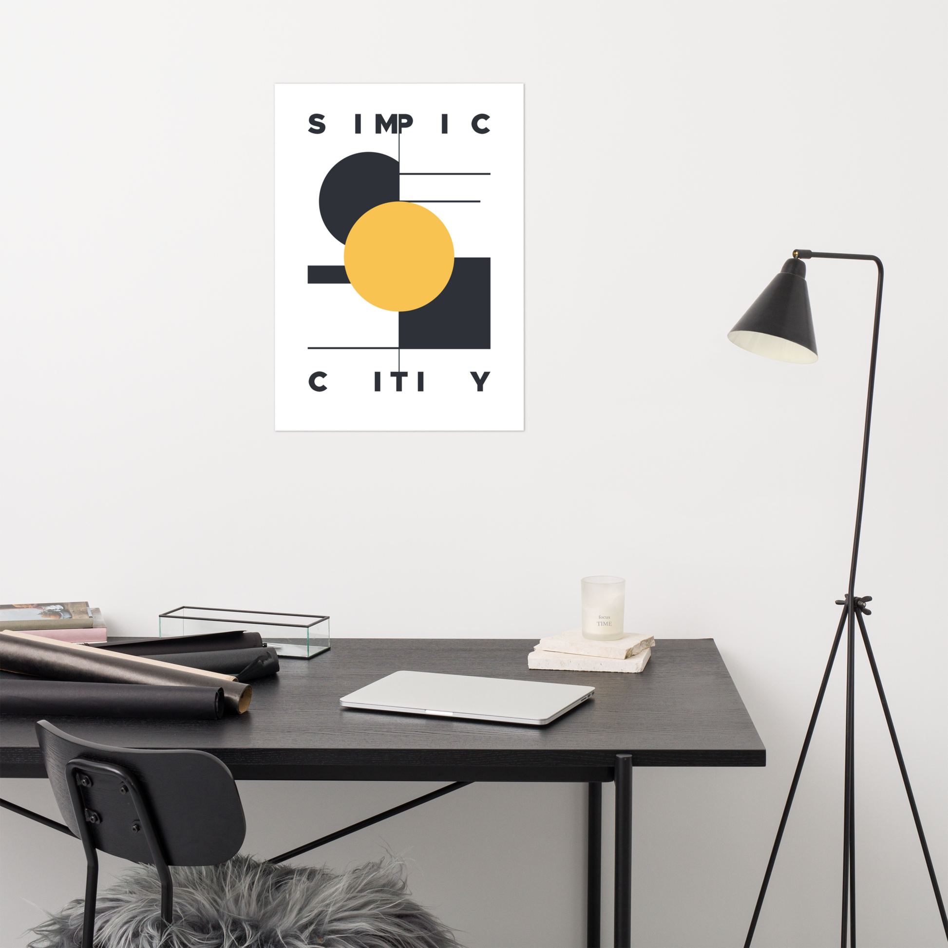 The Simplicity Poster enhancing a contemporary workspace, showcasing its minimalist design and sophisticated appeal.