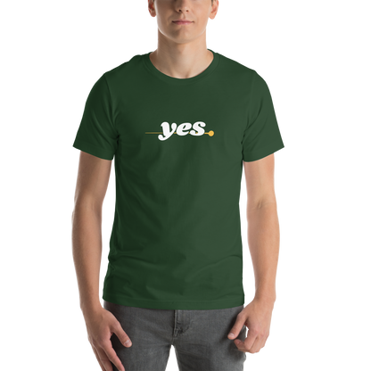 Model wearing the Yes T-Shirt in minimalist green, demonstrating a casual fit.