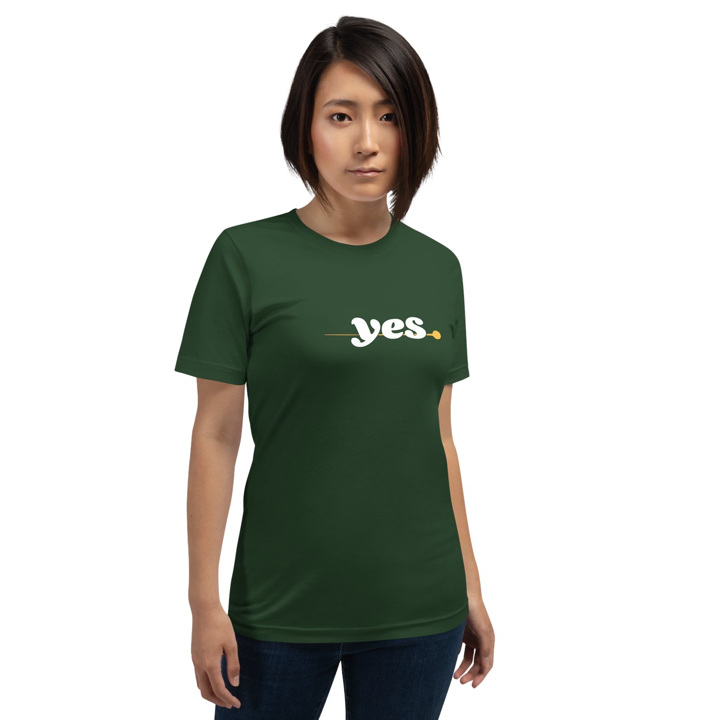 Model wearing the Yes T-Shirt in minimalist green, demonstrating a casual fit.