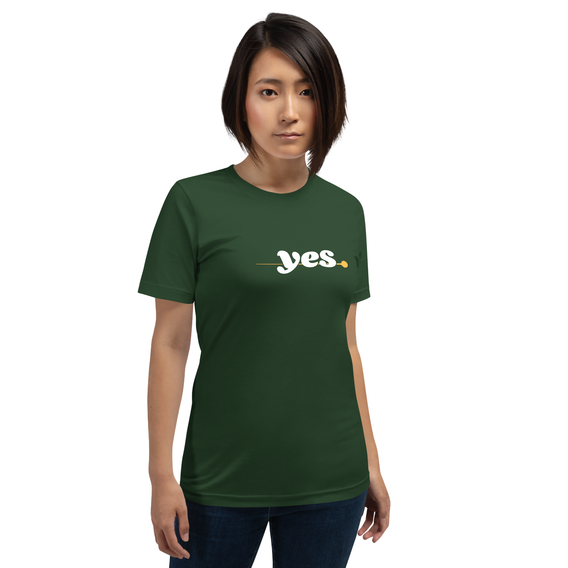 Model wearing the Yes T-Shirt in minimalist green, demonstrating a casual fit.