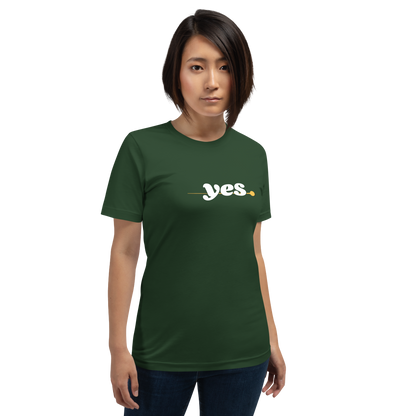 Model wearing the Yes T-Shirt in minimalist green, demonstrating a casual fit.