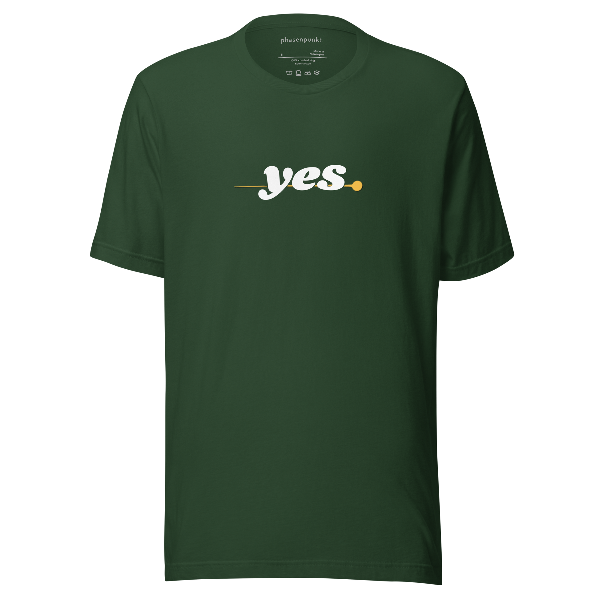 Front view of the Yes T-Shirt in minimalist green design, featuring a positive affirmation text.