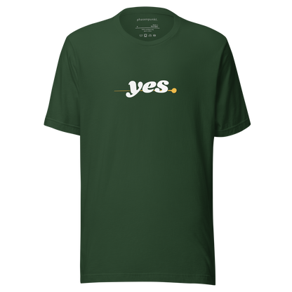 Front view of the Yes T-Shirt in minimalist green design, featuring a positive affirmation text.