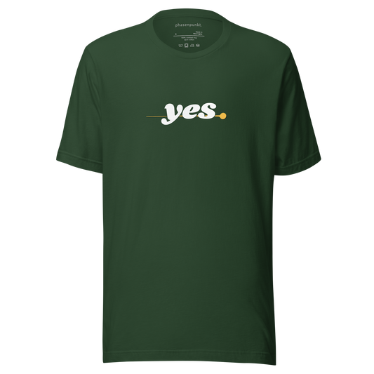 Front view of the Yes T-Shirt in minimalist green design, featuring a positive affirmation text.